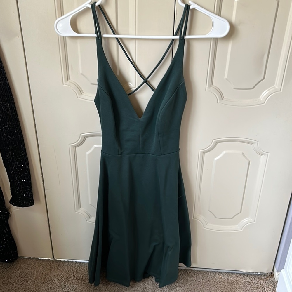dark green v neck mini dress